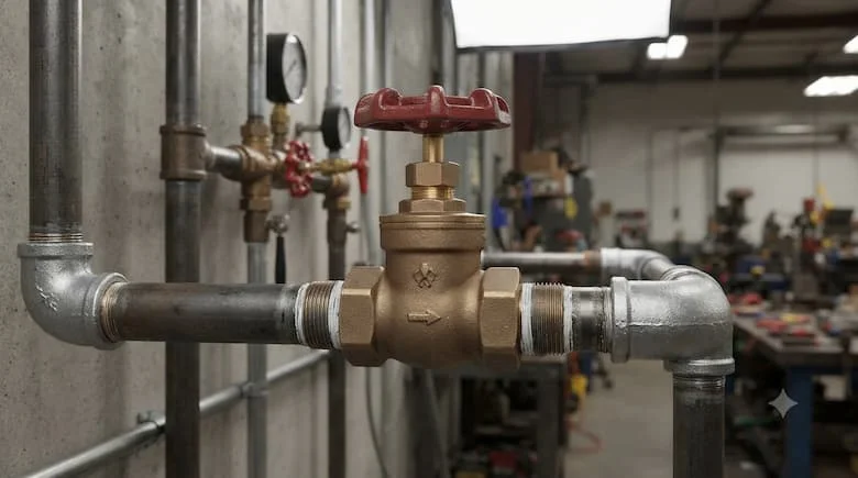Van cầu 1 và 2 được lắp đặt trên đường ống nước, kết nối ren, hệ thống đường ống công nghiệp thực tế, chụp ảnh chuyên nghiệp
