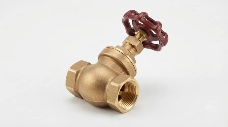 Ảnh sản phẩm chuyên nghiệp của van cầu 1 2, van công nghiệp bằng đồng thau, đầu ren, nền trắng sạch, ánh sáng studio