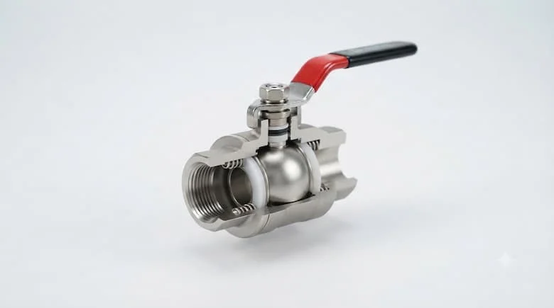  bản vẽ kỹ thuật chi tiết mặt cắt của van bi Hisaka, thể hiện thân van, bi, trục, đế van, gioăng và đường dẫn dòng chảy bên trong, cấu trúc cơ khí chính xác, vật liệu kim loại chân thực