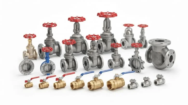 Tổng quan về van nhập khẩu: Hình ảnh sản phẩm chuyên nghiệp về van nhập khẩu, các loại và kích cỡ van công nghiệp khác nhau, nền trắng sạch, chân thực