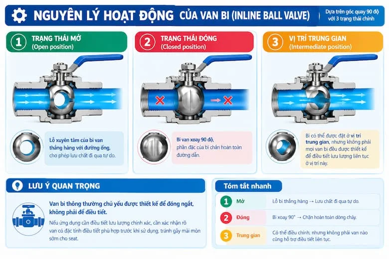 Hình ảnh minh họa ba trạng thái hoạt động của van bi inline gồm mở, đóng và vị trí trung gian, giúp làm rõ cơ chế dòng lưu chất đi qua khi lỗ bi thẳng hàng với đường ống và bị chặn khi bi xoay 90 độ.