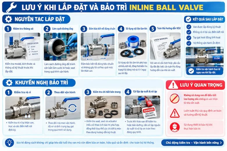 Hình ảnh trình bày các nguyên tắc lắp đặt van bi inline đúng kỹ thuật, từ kiểm tra thông số, vệ sinh đường ống, đảm bảo kết nối kín đến kiểm tra rò rỉ và bảo trì định kỳ, đồng thời nhấn mạnh yêu cầu cô lập nguồn áp suất và xả áp an toàn trước khi tháo van.