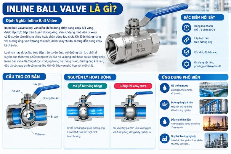 Hình ảnh giới thiệu van bi inline, cấu tạo cơ bản, đặc điểm đóng mở nhanh bằng thao tác xoay 90 độ và các ứng dụng phổ biến trong hệ thống cấp nước, khí nén, dầu và đường ống công nghiệp