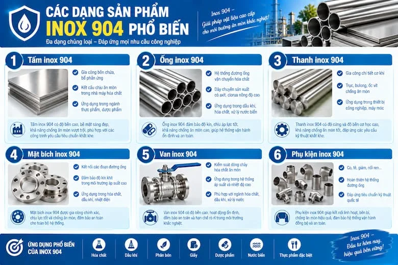 Các Dạng Sản Phẩm Inox 904 Phổ Biến Gồm Tấm, Ống, Thanh, Van Và Mặt Bích Công Nghiệp
