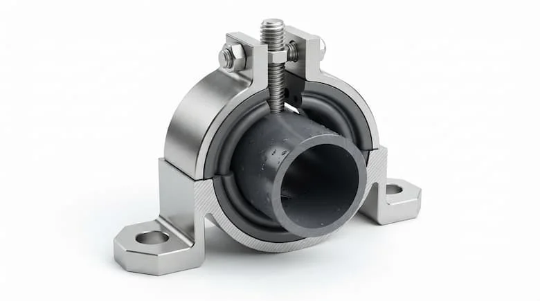 bản vẽ kỹ thuật chi tiết, thể hiện mặt cắt ngang của một kẹp ống thép không gỉ dùng cho đường ống nước. Thể hiện rõ các bộ phận chính, bao gồm thân kẹp thép không gỉ, lỗ lắp đặt, vít cố định, miếng đệm cao su bảo vệ và ống nước