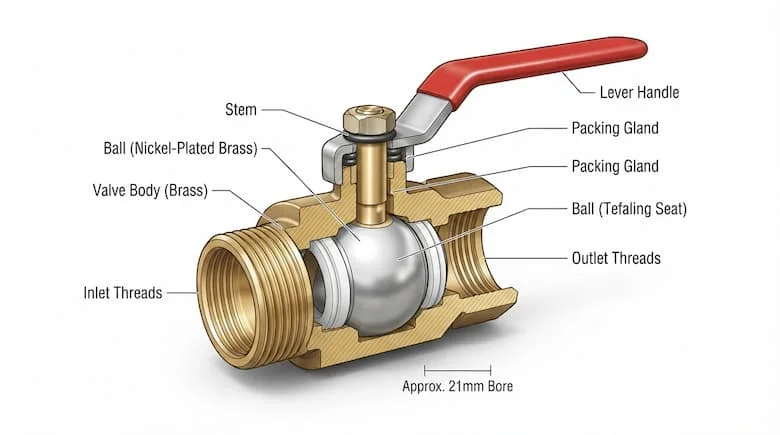 Hình ảnh kỹ thuật cắt ngang của một van nước bằng đồng thau 21mm, thể hiện thân van, bi van, trục van, vòng đệm và ren