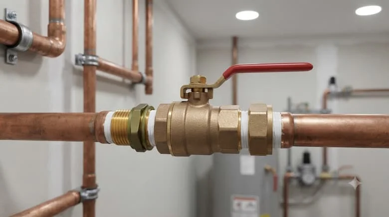 Hình ảnh thực tế lắp đặt van nước bằng đồng thau 21mm trên đường ống nước dân dụng, kết nối ren, hệ thống đường ống nước