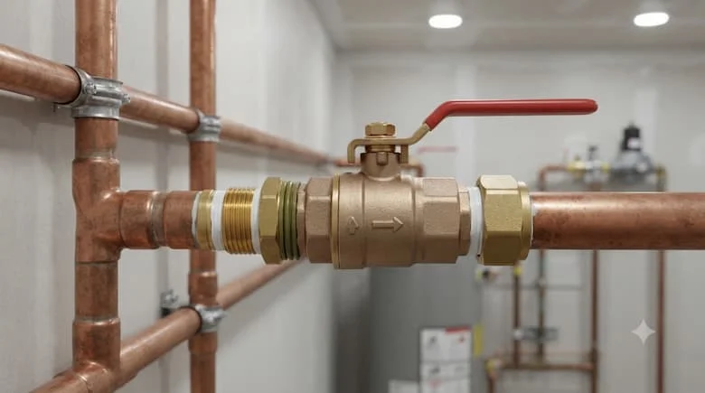 Hình ảnh thực tế lắp đặt van nước tay gạt trên đường ống nước gia đình, hệ thống đường ống dẫn nước, môi trường chuyên nghiệp