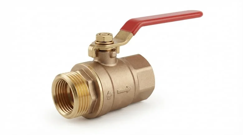 Ảnh sản phẩm thực tế của van bi nước bằng đồng thau có tay gạt, kết nối ren, nền trắng, theo phong cách catalog công nghiệp