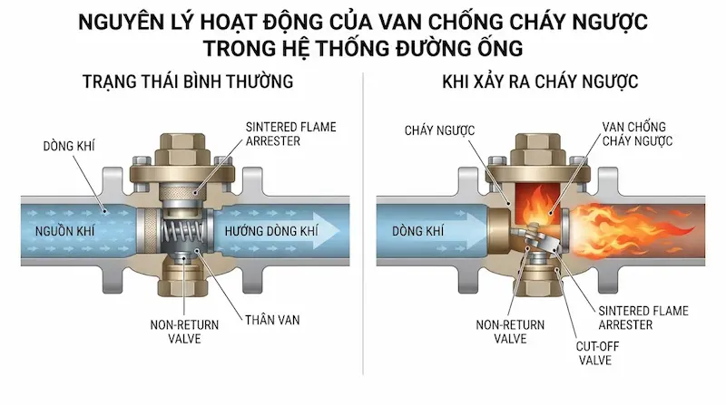 Nguyên lý hoạt động và cấu tạo bên trong của van chống cháy ngược