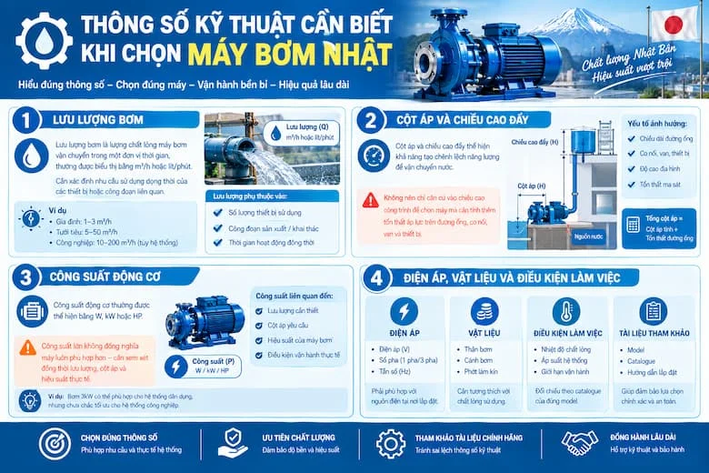Hình ảnh minh họa các thông số cần quan tâm khi chọn máy bơm Nhật, bao gồm lưu lượng, cột áp, chiều cao đẩy, công suất động cơ, điện áp và vật liệu chế tạo.