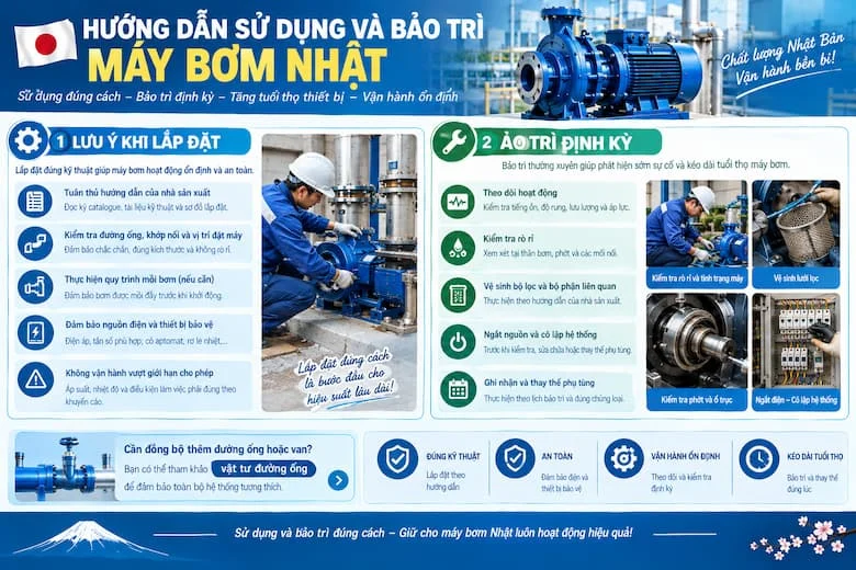 Hình ảnh mô tả các bước lắp đặt và bảo dưỡng máy bơm Nhật, từ kiểm tra đường ống, khớp nối, vị trí đặt máy và nguồn điện đến theo dõi tiếng ồn, độ rung, lưu lượng, áp lực và tình trạng rò rỉ