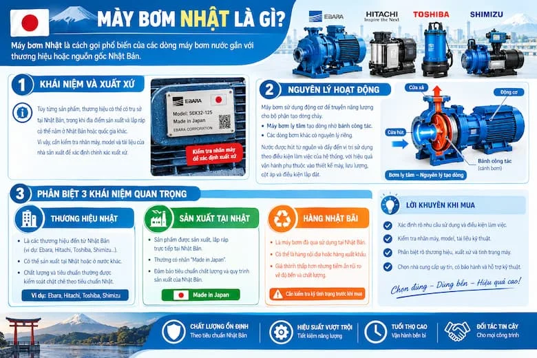 Hình ảnh giới thiệu các dòng máy bơm nước Nhật Bản với thiết kế đa dạng, ứng dụng trong cấp nước gia đình, công nghiệp và hệ thống thoát nước