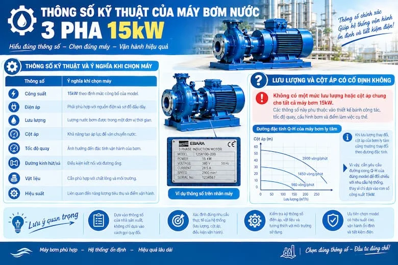 Hình ảnh mô tả các hạng mục cần theo dõi trong quá trình sử dụng máy bơm nước 3 pha 15kW, từ dòng điện, tiếng ồn, độ rung đến lưu lượng, áp lực và nhiệt độ động cơ