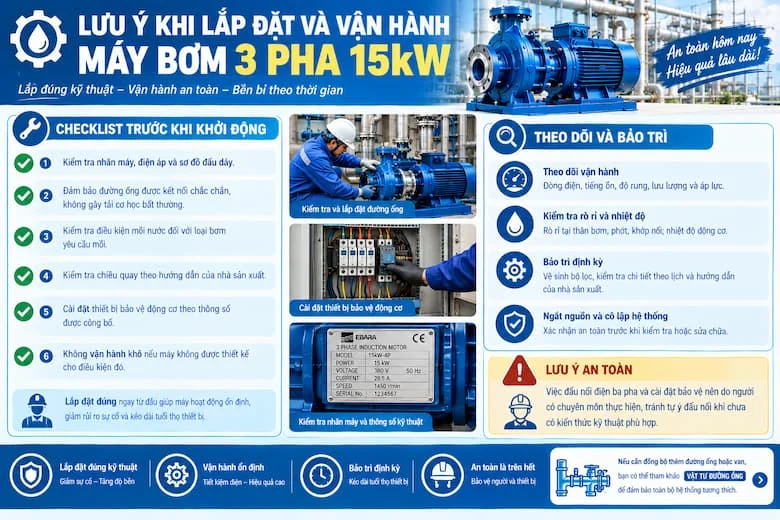 Hình ảnh tập trung vào những nguyên tắc an toàn khi lắp đặt và vận hành máy bơm công suất 15kW sử dụng điện ba pha.