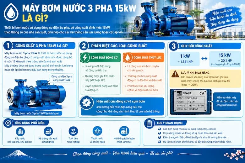 Hình ảnh minh họa các bước kiểm tra cần thiết trước khi đưa máy bơm nước 3 pha 15kW vào vận hành, bao gồm xác nhận nhãn máy, điện áp, sơ đồ đấu dây, tình trạng đường ống và các mối nối