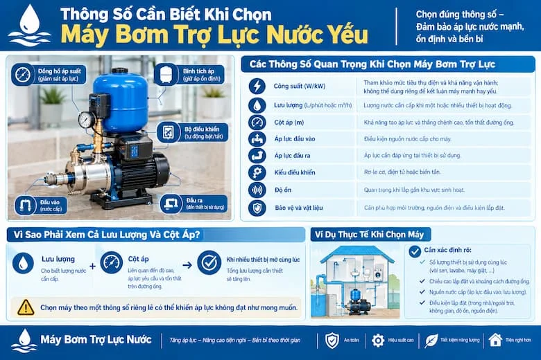 Hình ảnh tổng hợp những thông số kỹ thuật quan trọng cần xem xét khi lựa chọn máy bơm trợ lực nước yếu, bao gồm công suất động cơ, lưu lượng, cột áp, áp lực đầu vào và đầu ra, kiểu điều khiển, độ ồn, vật liệu chế tạo và các tính năng bảo vệ
