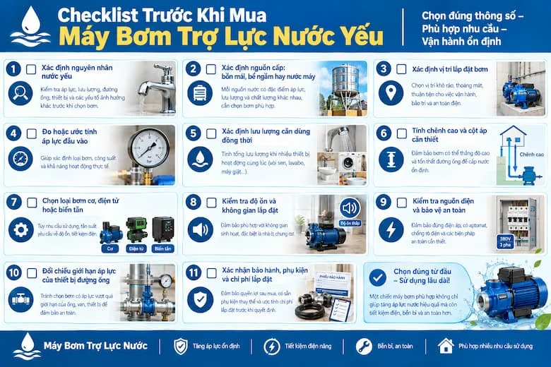 Hình ảnh trình bày checklist 11 tiêu chí cần kiểm tra trước khi mua máy bơm trợ lực nước yếu, từ xác định nguyên nhân nước yếu, nguồn cấp nước, vị trí lắp đặt đến đo áp lực đầu vào, tính lưu lượng sử dụng đồng thời và xác định cột áp cần thiết