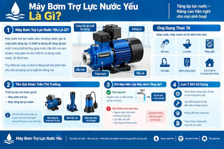Hình ảnh giới thiệu máy bơm trợ lực nước yếu, còn được gọi là máy bơm tăng áp, với chức năng nâng cao áp lực nước trong đường ống, giúp nước cấp đến vòi sen, lavabo, máy giặt và các thiết bị sinh hoạt mạnh, ổn định hơn. Hình minh họa giúp người đọc nhận diện các bộ phận cơ bản của máy bơm, tìm hiểu cơ chế tự động bật khi có nhu cầu sử dụng nước và tự ngắt khi đóng vòi
