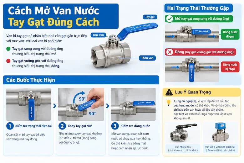 Hình ảnh mô tả cách kiểm tra tình trạng van, xoay tay gạt nhẹ nhàng theo đúng chiều quy định và lưu ý không cố vặn khi van bị kẹt, nhằm hạn chế hư hỏng trục van, tay điều khiển và các bộ phận làm kín.