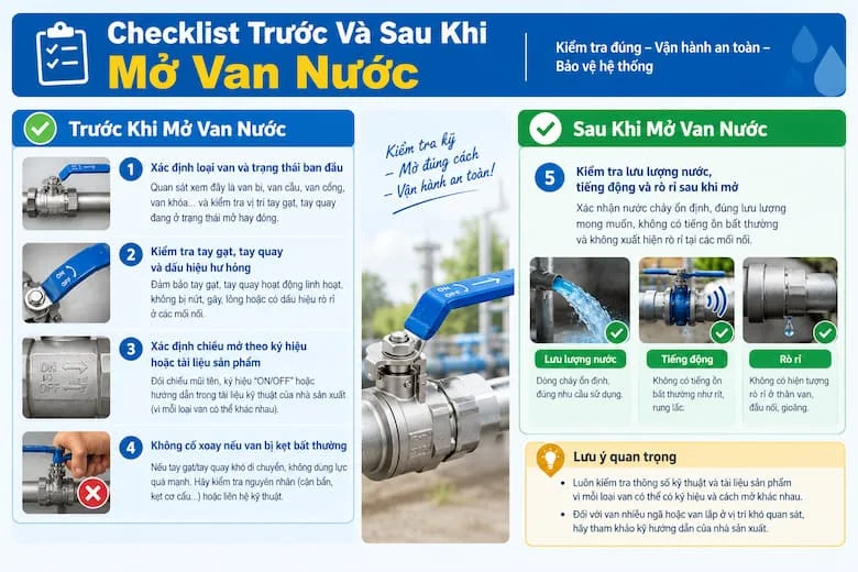 Hình ảnh minh họa những dấu hiệu cần quan sát sau khi mở van, bao gồm dòng nước chảy ổn định, không xuất hiện tiếng ồn hoặc rung lắc bất thường và các vị trí thân van, đầu nối, gioăng làm kín không bị rò rỉ.