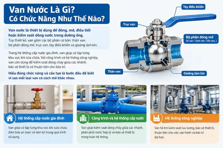Hình ảnh minh họa các bước kiểm tra van nước trước khi thao tác, từ nhận diện loại van, quan sát vị trí tay gạt hoặc tay quay đến đối chiếu ký hiệu ON/OFF và hướng dẫn của nhà sản xuất để xác định chiều mở phù hợp.