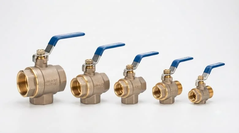 Ảnh sản phẩm chuyên nghiệp của van bi Nibco, nhiều kích cỡ, nền trắng sạch, ánh sáng studio, chân thực