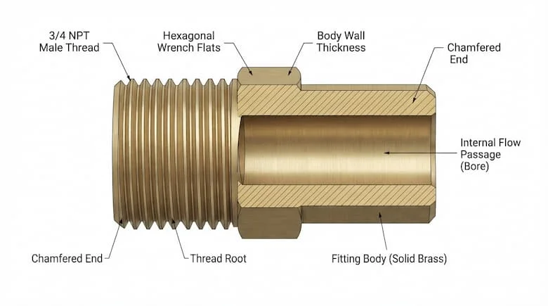 Sơ đồ cắt kỹ thuật của một phụ kiện ống ren ngoài 3/4 inch, thể hiện ren ngoài, thân phụ kiện và đường dẫn dòng chảy bên trong