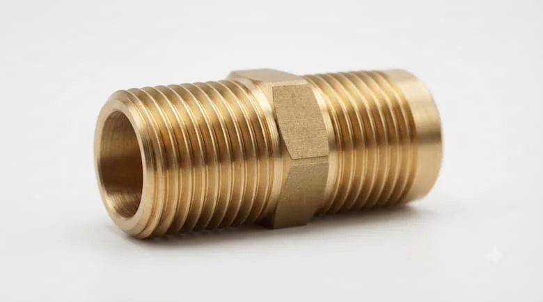 Hình ảnh chân thực của phụ kiện ống ren ngoài 3/4 inch (27 mm), bằng đồng thau hoặc thép không gỉ, ren ngoài nhìn rõ, nền trắng sạch, chụp ảnh sản phẩm chuyên nghiệp