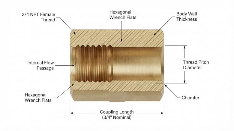 Sơ đồ cắt ngang kỹ thuật của một phụ kiện ống ren trong 3/4 inch, thể hiện ren bên trong và đường dẫn dòng chảy