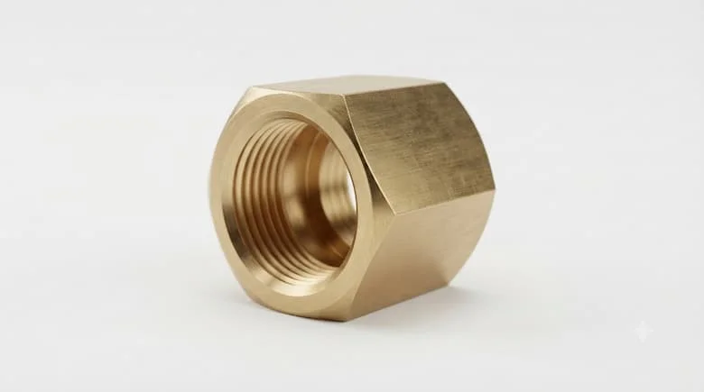 Hình ảnh chân thực của phụ kiện ống ren trong 3/4 inch, bằng đồng thau hoặc thép không gỉ, trên nền trắng sạch