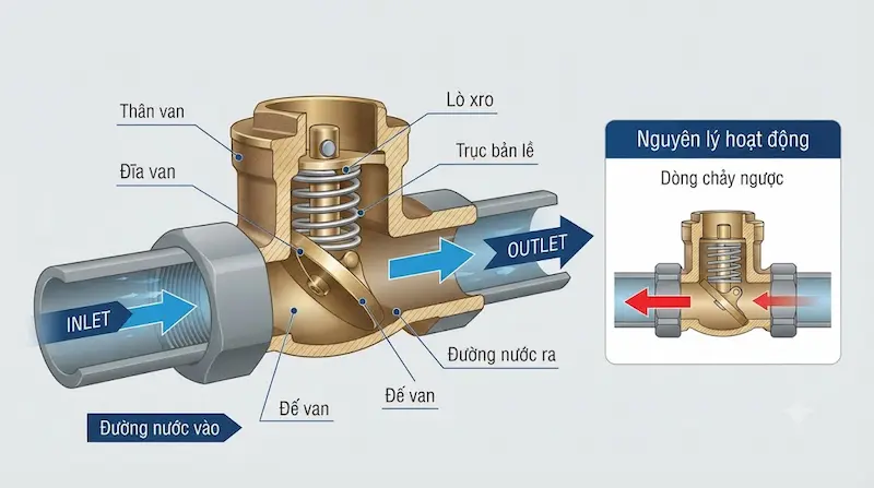 Cấu tạo bên trong và nguyên lý hoạt động của van một chiều
