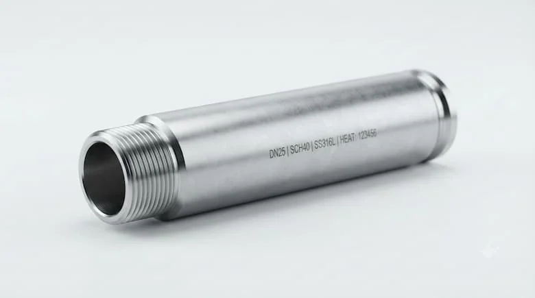Ống thép công nghiệp DN25 chân thực, ống kim loại hình trụ với bề mặt nhẵn mịn, thể hiện rõ hình dạng ống và các đầu nối, ảnh sản phẩm chuyên nghiệp, được tách biệt trên nền trắng sạch, kết cấu kim loại chân thực