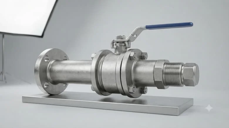 ảnh sản phẩm chuyên nghiệp, chân thực về một cụm van ống công nghiệp, thể hiện một đoạn ống kim loại ngắn tích hợp van và các bộ phận kết nối ống. Chủ thể chính phải trông rõ ràng là một bộ phận đường ống công nghiệp chứ không phải vòi nước gia dụng