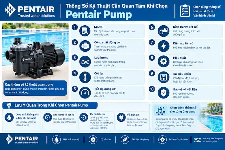 Hình ảnh tổng hợp những thông số kỹ thuật quan trọng cần xem xét khi lựa chọn máy bơm Pentair, bao gồm model, công suất động cơ, lưu lượng, cột áp, tốc độ vận hành, kích thước kết nối, điện áp, tần số, hiệu suất và bộ điều khiển