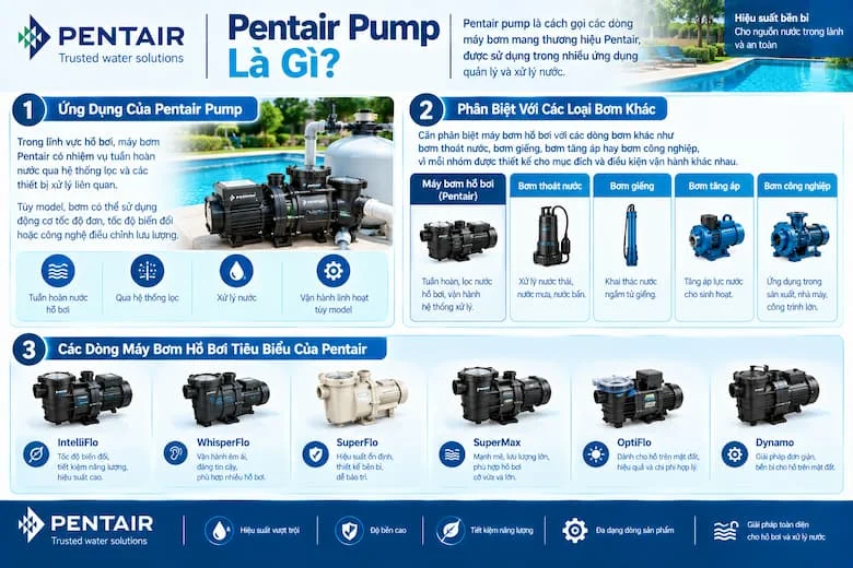 Hình ảnh giới thiệu thương hiệu Pentair và các dòng máy bơm được sử dụng trong hệ thống hồ bơi, nổi bật với những model như IntelliFlo, WhisperFlo, SuperFlo, SuperMax, OptiFlo và Dynamo.