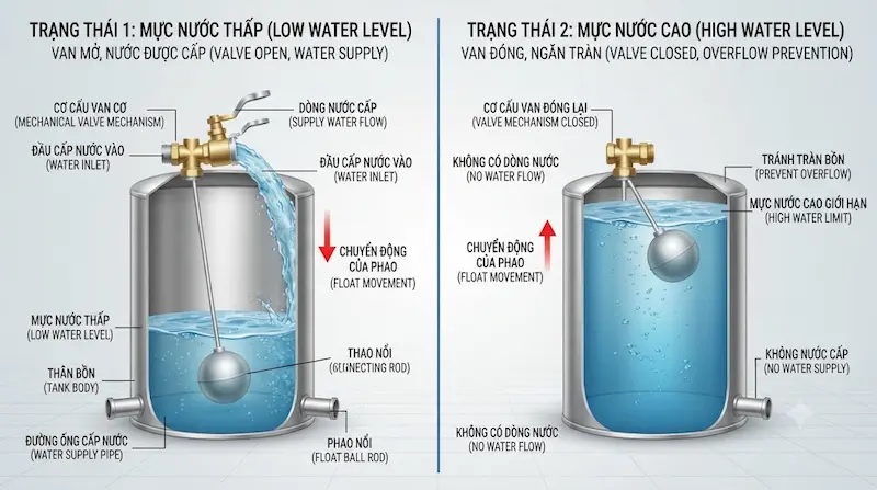 Nguyên lý hoạt động chống tràn và cấu tạo bên trong của phao