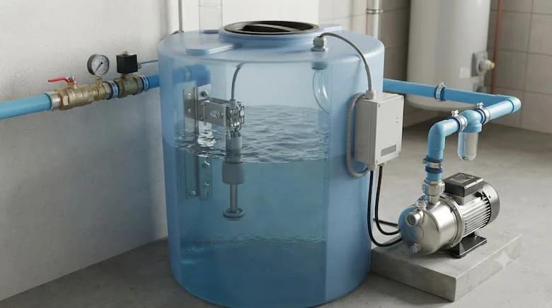 một cảnh lắp đặt thực tế của phao chống tràn nước thông minh bên trong bể chứa nước gia đình, được kết nối với đường ống nước, máy bơm và hộp điều khiển, lắp đặt hệ thống ống nước chuyên nghiệp