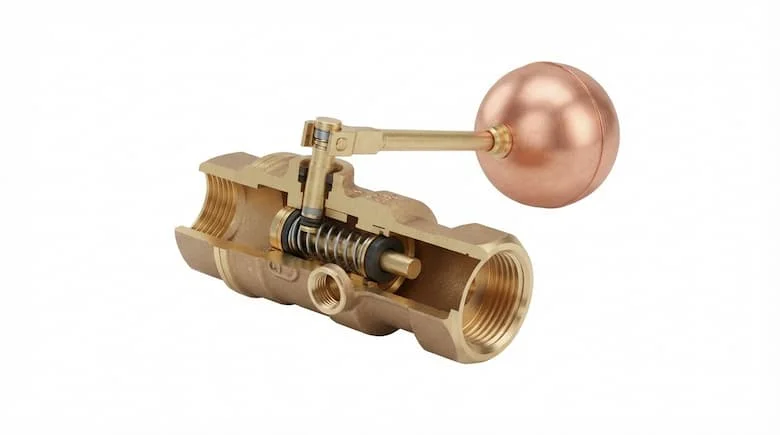 Hình ảnh kỹ thuật cắt ngang của phao tách nước tự động, thể hiện phao, thân van, cần gạt và các bộ phận làm kín