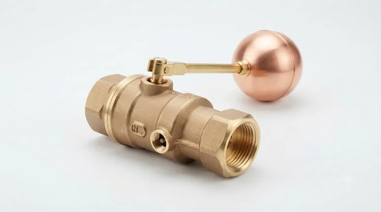 Ảnh sản phẩm chuyên nghiệp của phao nhảy nước tự động, thân và cơ chế phao bằng đồng thau, nền trắng sạch