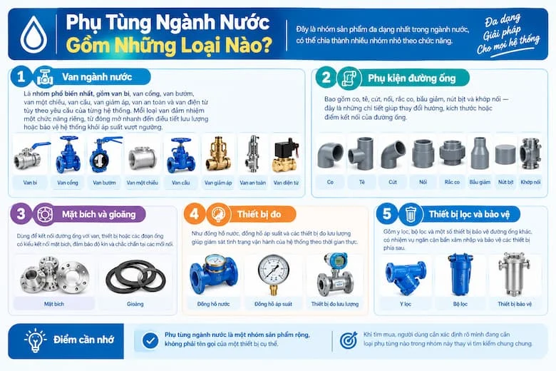 Phụ tùng ngành nước gồm những loại nào? Phân loại van, phụ kiện đường ống và thiết bị hỗ trợ