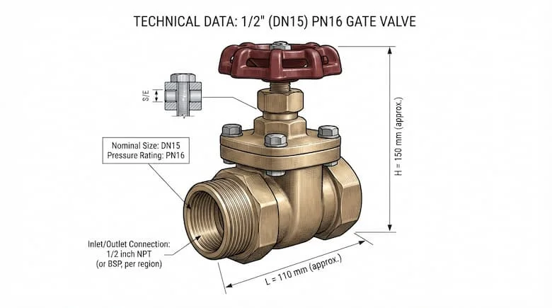 bản vẽ kỹ thuật chuyên nghiệp về van PN16 kích thước 1/2 inch (DN15), thể hiện rõ các kích thước chính và kích thước kết nối. Bao gồm ký hiệu 1/2 inch, tham chiếu DN15, kết nối ren, chiều dài tổng thể và đường kính