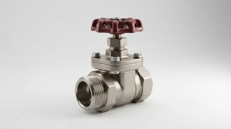 ảnh sản phẩm chuyên nghiệp, chân thực về van công nghiệp PN16 1/2 inch, kích thước DN15, thân kim loại nhỏ gọn với kết nối ren, được thiết kế cho áp suất định mức PN16. Phông nền studio màu trắng và xám nhạt sạch sẽ