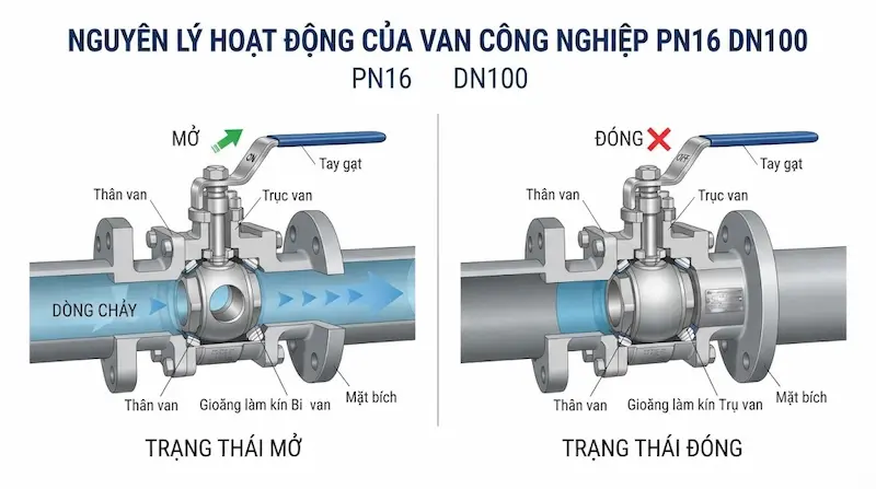 Nguyên lý hoạt động và cấu tạo bên trong của van công nghiệp pn16 dn100