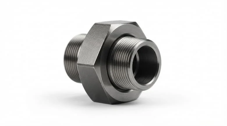 Ảnh sản phẩm chuyên nghiệp về phụ kiện nối ống hơi nước (khớp nối hơi), thân bằng kim loại rèn, kết nối ren, thiết kế công nghiệp, được chụp riêng trên nền trắng sạch