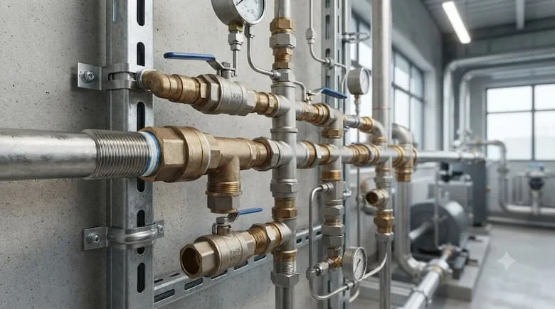 một cảnh lắp đặt hệ thống đường ống công nghiệp chuyên nghiệp thực tế, thể hiện việc sử dụng các phụ kiện ống ren trong hệ thống đường ống nước