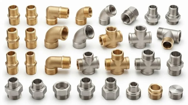 ảnh sản phẩm công nghiệp chuyên nghiệp thể hiện bộ sưu tập phụ kiện đường ống kim loại với các mối nối ren rõ ràng, bao gồm đầu nối ren, khuỷu nối ren, chữ T ren