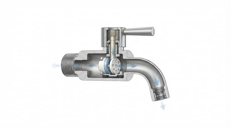 bản vẽ kỹ thuật chi tiết, thể hiện mặt cắt ngang của vòi nước Romine, bao gồm thân vòi, cơ chế van bên trong, tay cầm, trục van, gioăng làm kín, đầu vào và đầu ra có ren