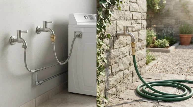 hình ảnh ứng dụng sản phẩm công nghiệp thực tế với bố cục chia đôi, thể hiện vòi nước Romine được sử dụng cho các ứng dụng cấp nước sinh hoạt thông thường, bao gồm kết nối nước cho máy giặt và vòi nước tưới vườn ngoài trời. Hiển thị vòi nước, ống nước, ống mềm và các mối nối ren