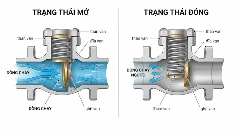Cấu tạo bên trong và nguyên lý hoạt động của van một chiều lò xo